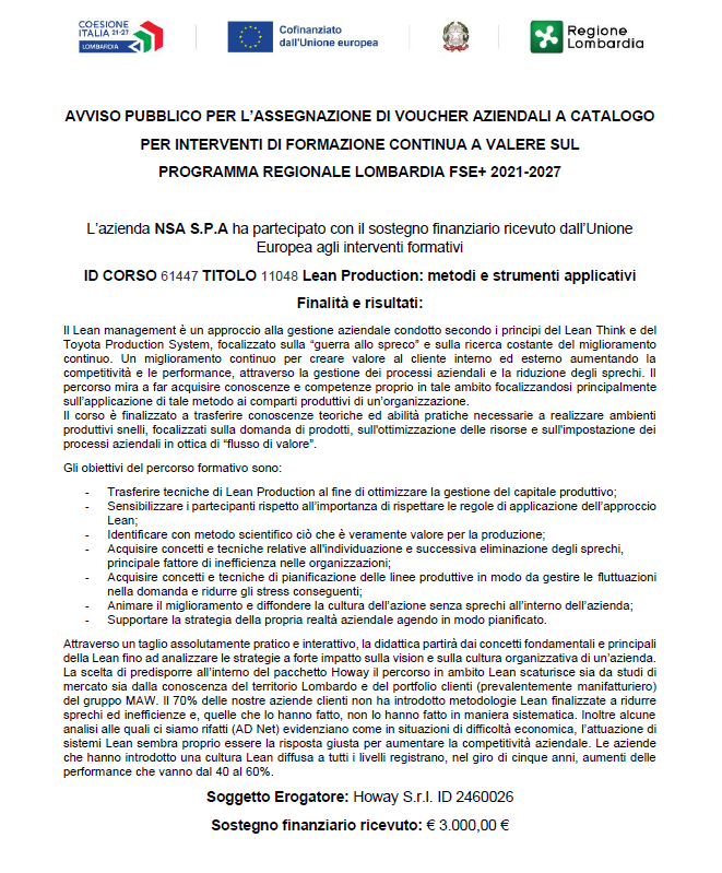 NSA S.r.l. ha ricevuto il sostegno finanziario dall'Unione Europea per gli interventi formativi.